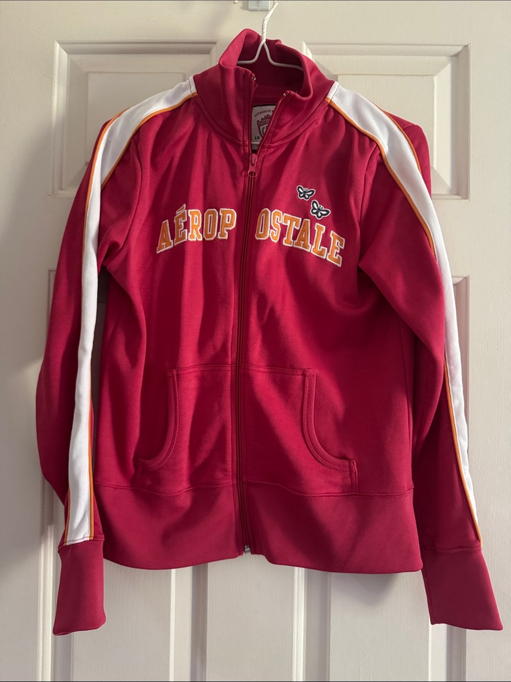 Vintage Y2K Aeropostale Red Track Jacket with White Gold and Butterfly Accents